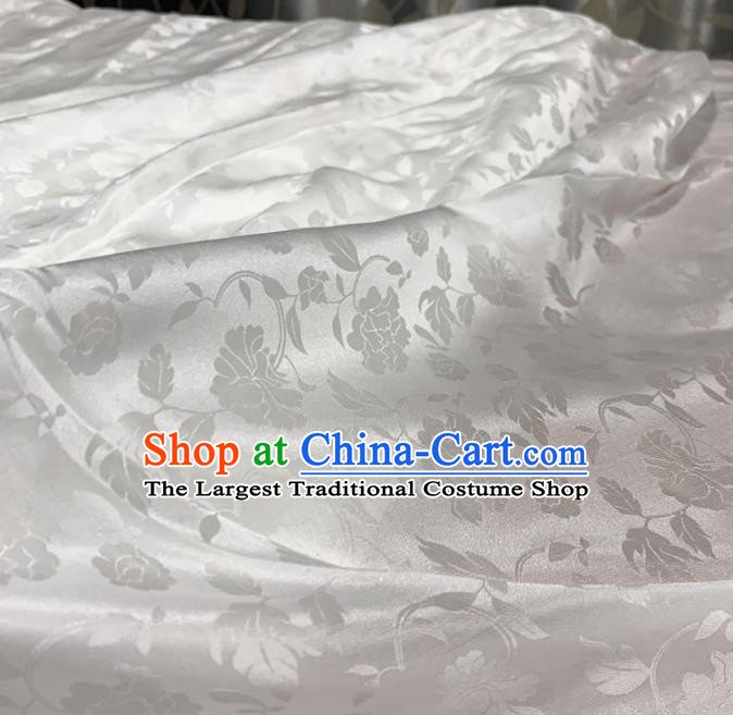 Chinese Classical Peony Pattern White Silk Fabric Traditional Ancient Hanfu Dress Brocade Cloth