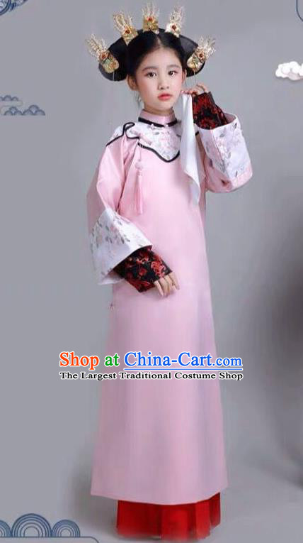 Chinese Traditional Qing Dynasty Girls Pink Qipao Dress Ancient Manchu Princess Costume for Kids