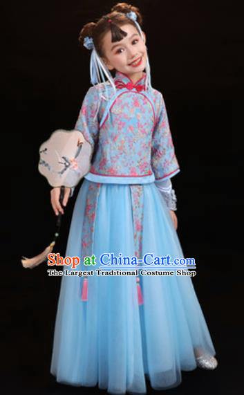 Chinese New Year Performance Blue Veil Qipao Dress National Kindergarten Girls Dance Stage Show Costume for Kids