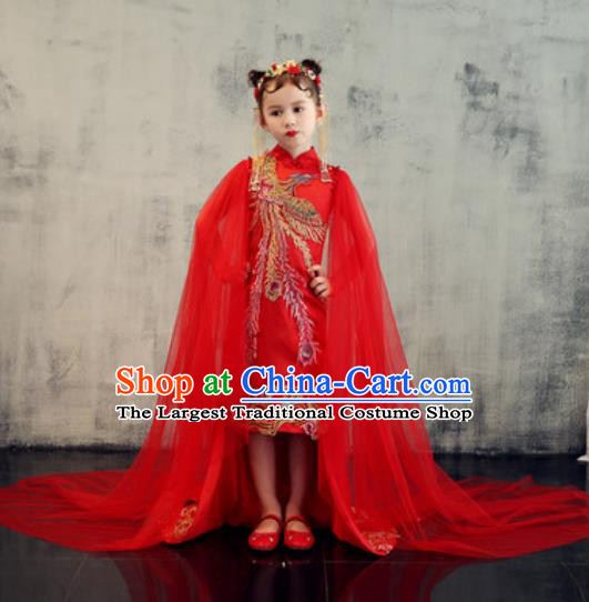 Chinese New Year Performance Embroidered Phoenix Red Qipao Dress National Kindergarten Girls Dance Stage Show Costume for Kids
