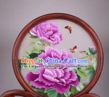 Chinese Traditional Suzhou Embroidery Purple Peony Desk Folding Screen Embroidered Rosewood Decoration Embroidering Craft