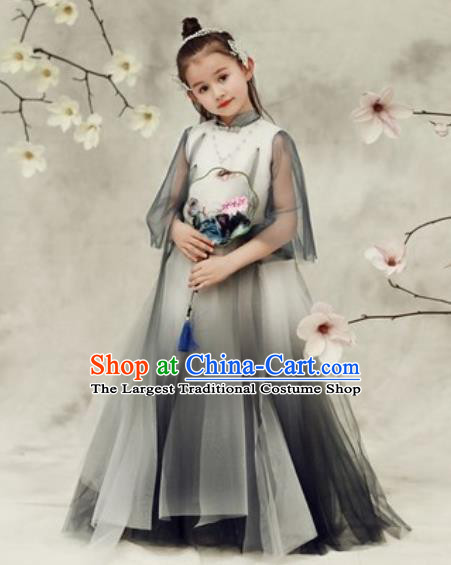 Chinese New Year Performance Black Veil Qipao Dress National Kindergarten Girls Dance Stage Show Costume for Kids
