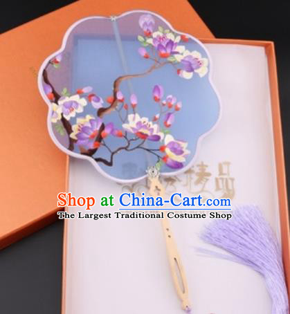Chinese Traditional Suzhou Embroidery Purple Magnolia Palace Fans Embroidered Fans Embroidering Craft
