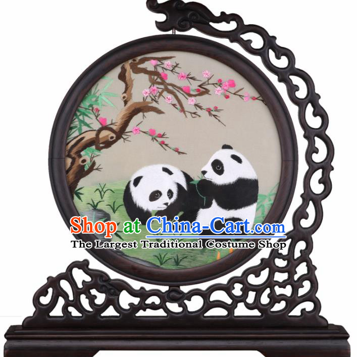 Chinese Traditional Suzhou Embroidery Panda Table Folding Screen Embroidered Rosewood Decoration Embroidering Craft
