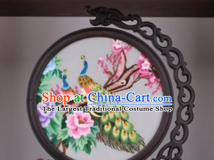 Chinese Traditional Suzhou Embroidery Peacock Peony Table Folding Screen Embroidered Rosewood Decoration Embroidering Craft