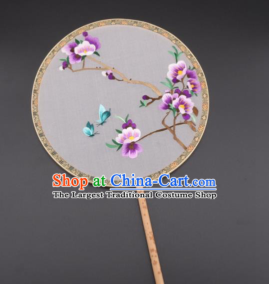 Chinese Traditional Suzhou Embroidery Purple Plum Palace Fans Embroidered Silk Round Fans Embroidery Craft