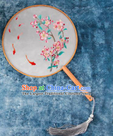 Chinese Traditional Handmade Embroidery Peach Blossom Carp Round Fan Embroidered Palace Fans