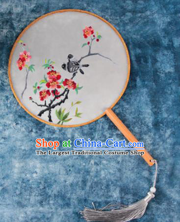 Chinese Traditional Handmade Embroidery Plum Birds Round Fan Embroidered Palace Fans