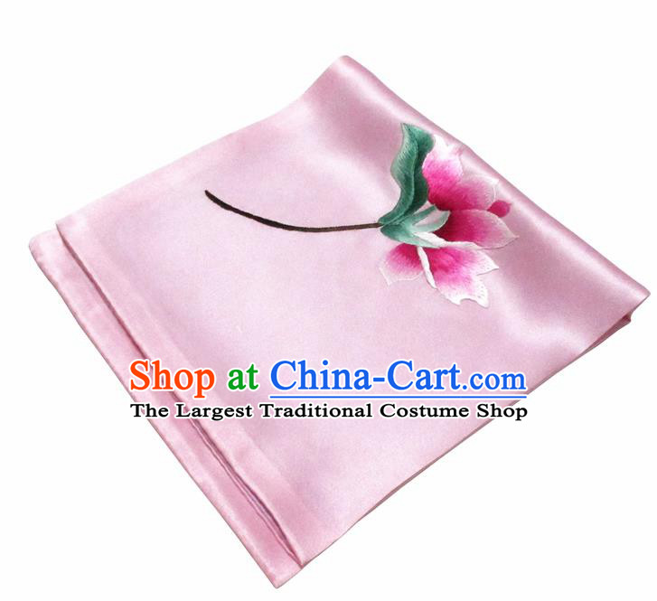 Chinese Traditional Handmade Embroidery Magnolia Pink Silk Handkerchief Embroidered Hanky Suzhou Embroidery Noserag Craft