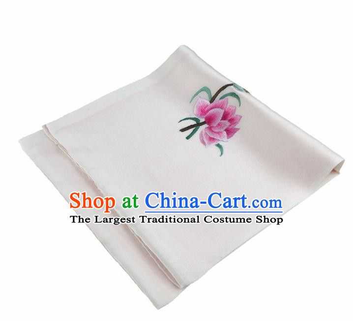 Chinese Traditional Handmade Embroidery Lotus White Silk Handkerchief Embroidered Hanky Suzhou Embroidery Noserag Craft