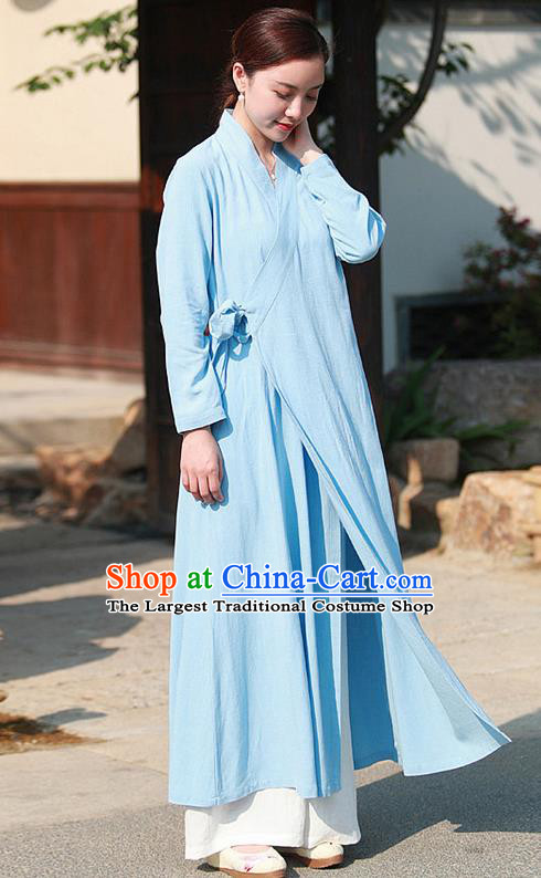 Chinese Traditional Martial Arts Slant Opening Blue Dress Taoist Priest Tai Chi Costume for Women