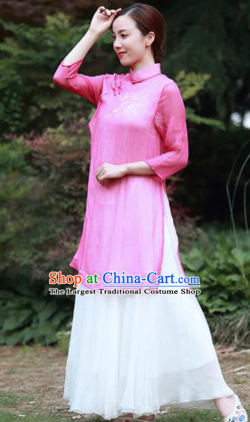 Chinese Traditional Tang Suit Painting Bamboo Rosy Qipao Dress Classical Cheongsam Costume for Women