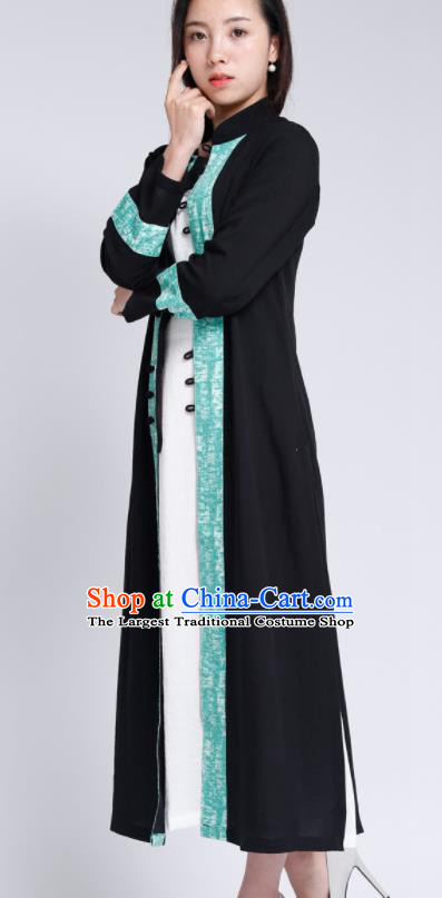 Chinese Traditional Tang Suit Black Flax Cardigan Classical Overcoat Costume for Women