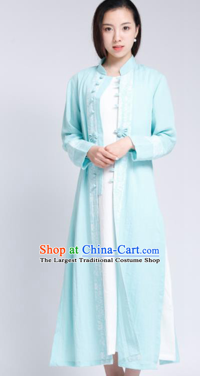Chinese Traditional Tang Suit Light Blue Flax Cardigan Classical Overcoat Costume for Women