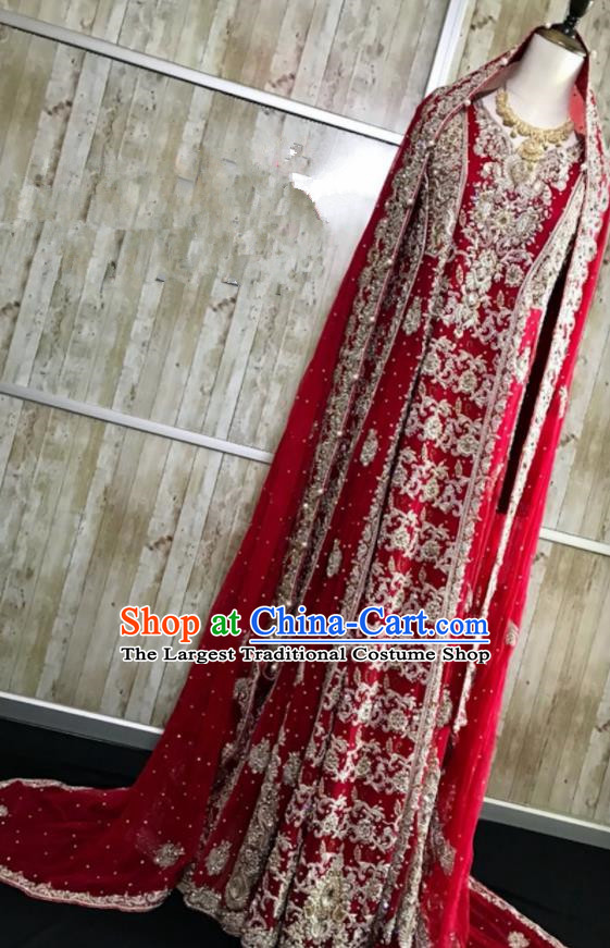 Asian  Indian Court Bride Wedding Wine Red Embroidered Dress Traditional   India Hui Nationality Costumes for Women