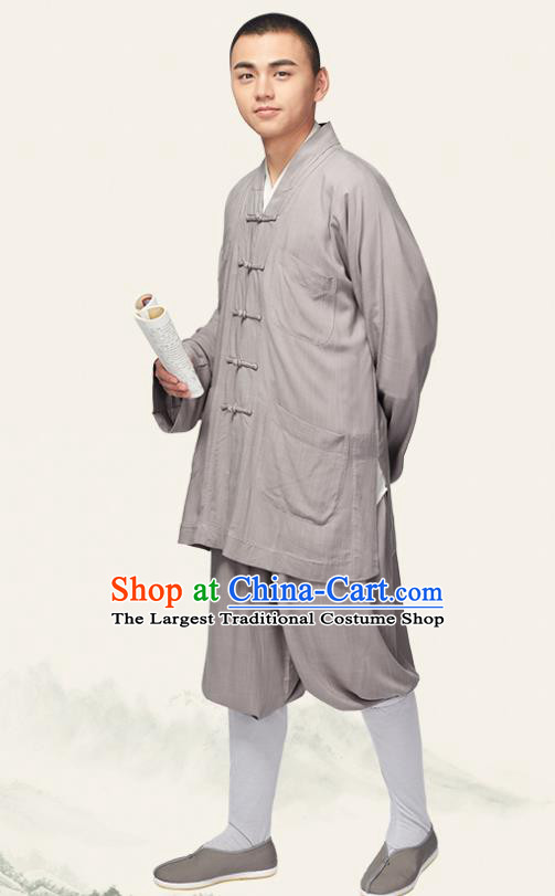 Traditional Chinese Monk Costume Meditation Grey Outfits Shirt and Pants for Men