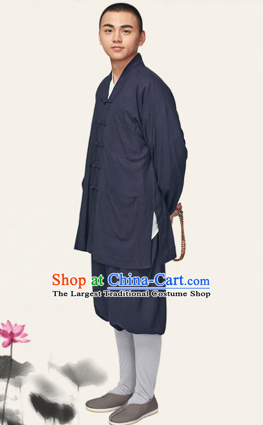 Traditional Chinese Monk Costume Meditation Navy Outfits Shirt and Pants for Men