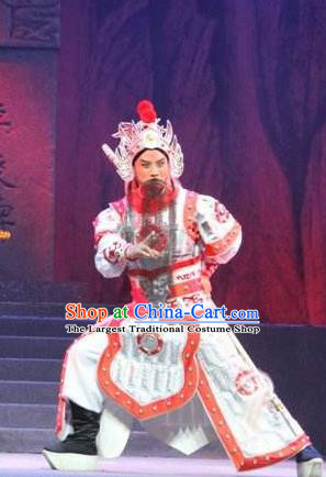 Traditional Chinese Henan Opera Seven Swords General Costumes White Body Armour and Headwear for Men