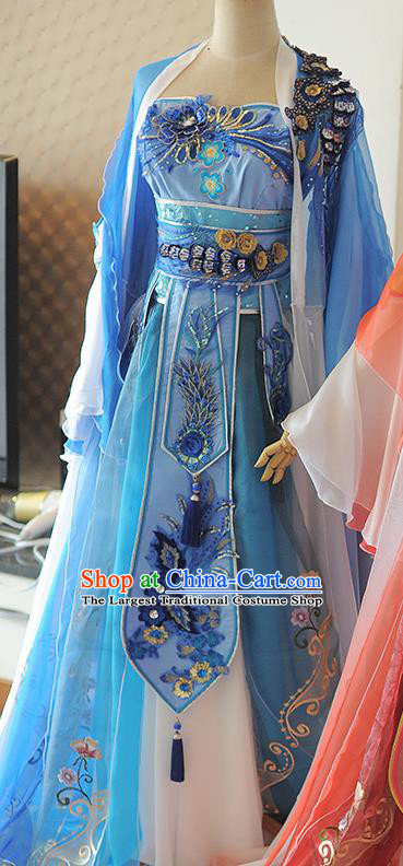 Chinese Cosplay Tang Dynasty Princess Blue Dress Ancient Female Swordsman Heroine Costume for Women