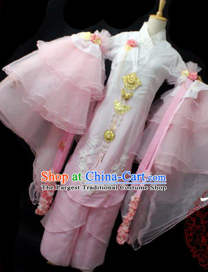 Chinese Cosplay Fairy Princess Pink Chiffon Dress Ancient Female Swordsman Knight Costume for Women