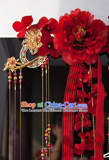 Traditional Chinese Classical Red Peony Hair Crown Tassel Hairpins Ancient Princess Hanfu Hair Accessories for Women