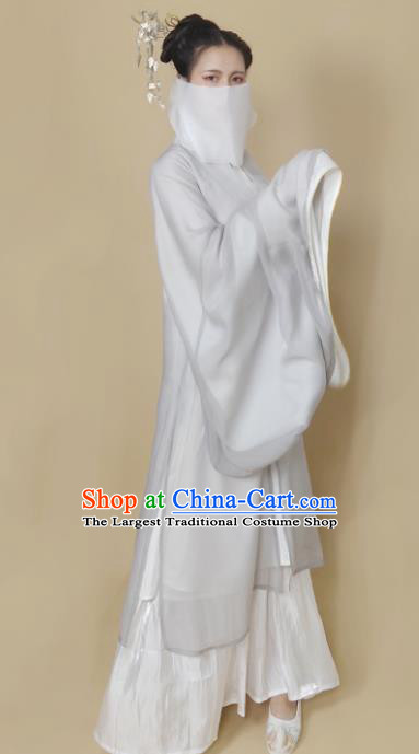 Chinese Ming Dynasty Light Grey Chiffon Cloak Ancient Female Swordsman Knight Costume for Women