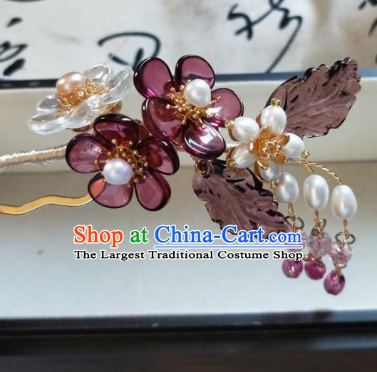 Traditional Chinese Hanfu Palace Purple Flowers Tassel Hairpins Ancient Princess Hair Accessories for Women