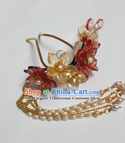 Traditional Chinese Hanfu Red Flowers Pearls Tassel Hairpins Ancient Princess Hair Accessories for Women