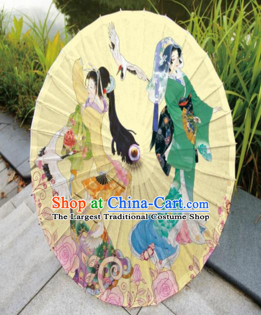 Japanese Handmade Printing Kimono Geisha Yellow Oil Paper Umbrella Traditional Umbrellas