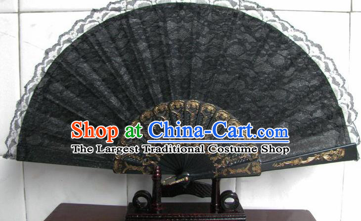 Chinese Handmade Black Lace Fans Accordion Fan Traditional Decoration Folding Fan