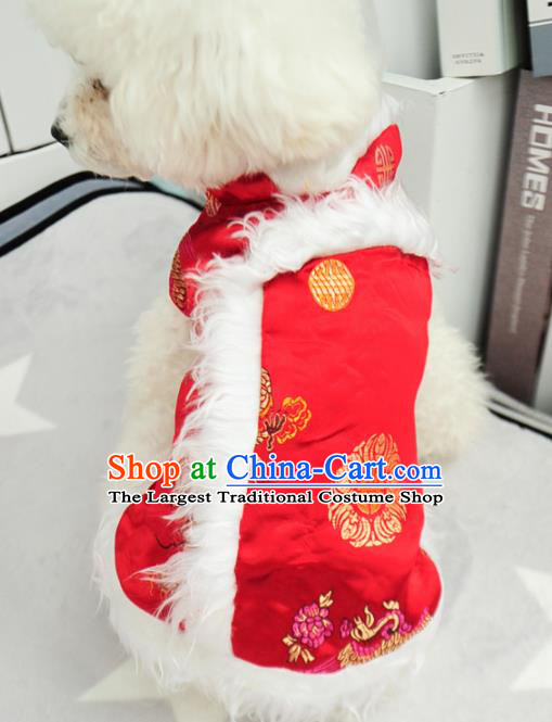 Traditional Asian Chinese Pets Clothing Dog Winter Brushed Printing Red Costumes for New Year