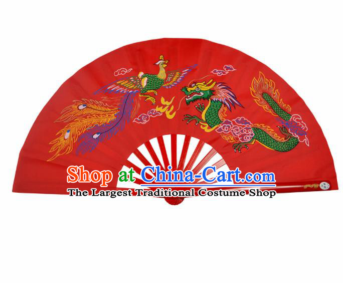 Chinese Handmade Martial Arts Printing Dragon Phoenix Red Silk Fans Accordion Fan Traditional Kung Fu Folding Fan