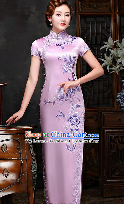Traditional Chinese Embroidered Butterfly Pink Silk Cheongsam Mother Tang Suit Qipao Dress for Women