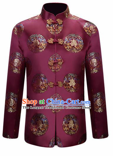 Traditional Chinese Purple Brocade Cotton Padded Coat New Year Tang Suit Stand Collar Overcoat for Old Men
