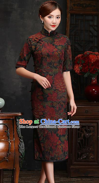 Traditional Chinese Printing Lotus Silk Cheongsam Mother Tang Suit Qipao Dress for Women