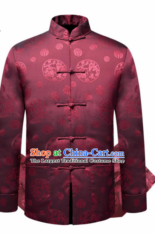 Traditional Chinese Dragon Pattern Wine Red Brocade Cotton Padded Coat New Year Tang Suit Overcoat for Old Men