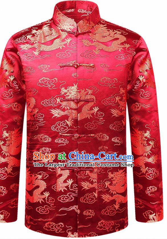 Traditional Chinese Cloud Dragon Red Brocade Cotton Wadded Jacket New Year Tang Suit Overcoat for Old Men