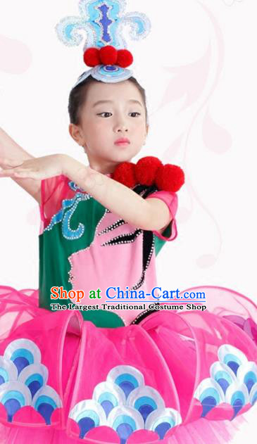 Traditional Chinese Children Classical Dance Rosy Veil Dress Stage Show Costume for Kids