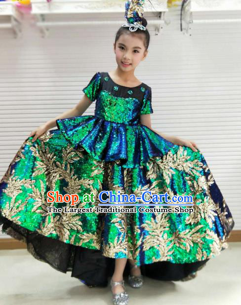 Traditional Chinese Children Opening Dance Green Dress Stage Show Costume for Kids