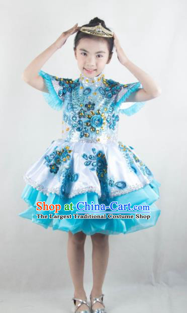 Traditional Chinese Children Classical Dance Blue Short Dress Stage Show Costume for Kids