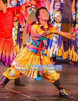 Chinese Happiness On The Way Zang Nationality Yellow Clothing Stage Performance Dance Costume for Men