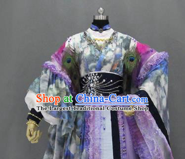 Traditional Chinese Cosplay Goddess Princess Printing Purple Dress Ancient Drama Female Swordsman Costumes for Women