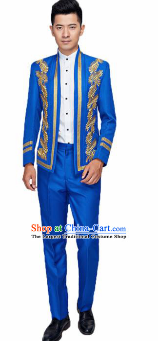 Traditional England Prince Royalblue Costumes European Court Wedding Clothing for Men