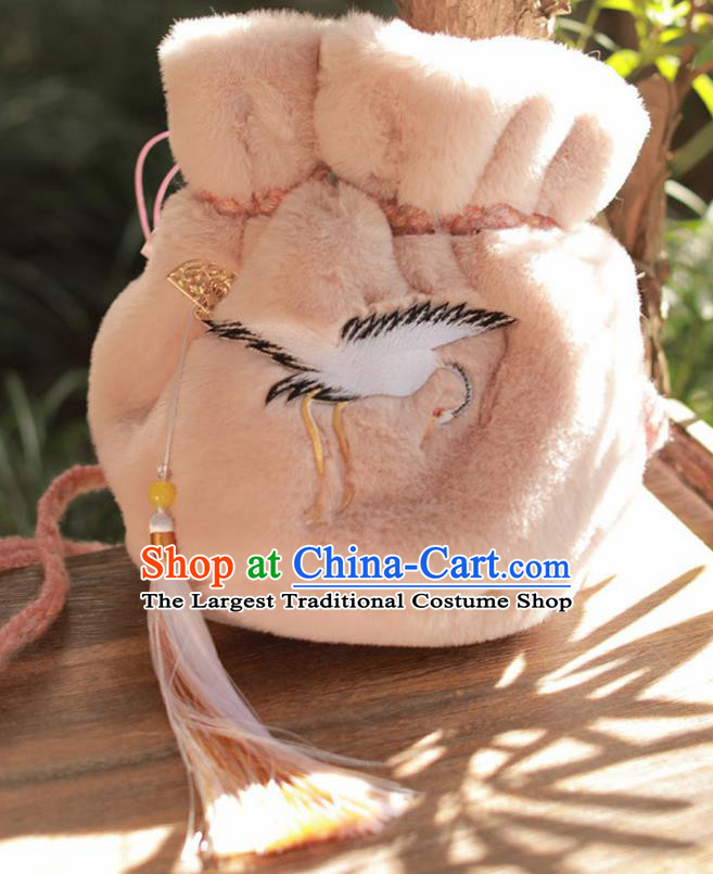 Traditional Chinese Ancient Termofor Embroidered Crane Light Pink Bag