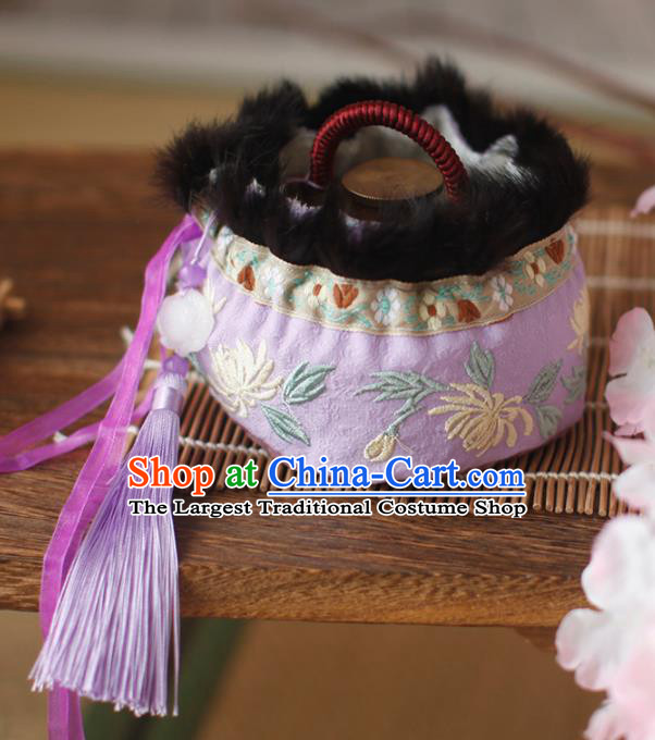 Traditional Chinese Ancient Termofor Cover Embroidered Chrysanthemum Purple Brocade Bag