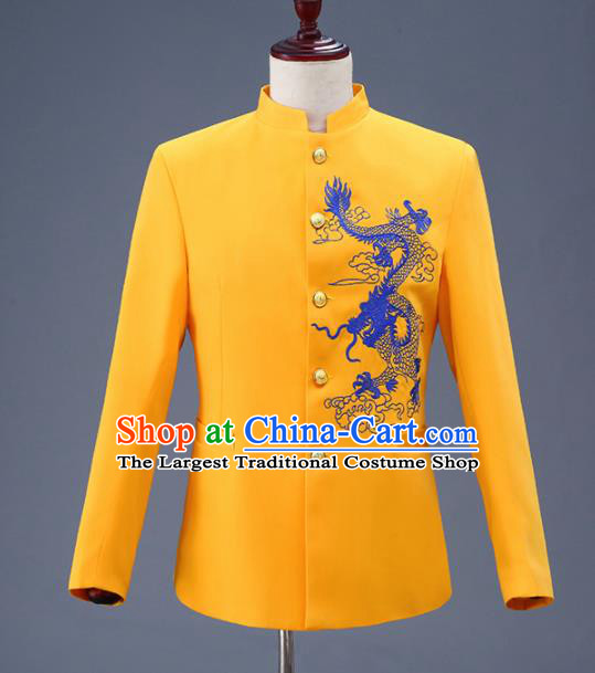 Traditional Chinese Tang Suit Costumes Embroidered Dragon Yellow Overcoat for Men