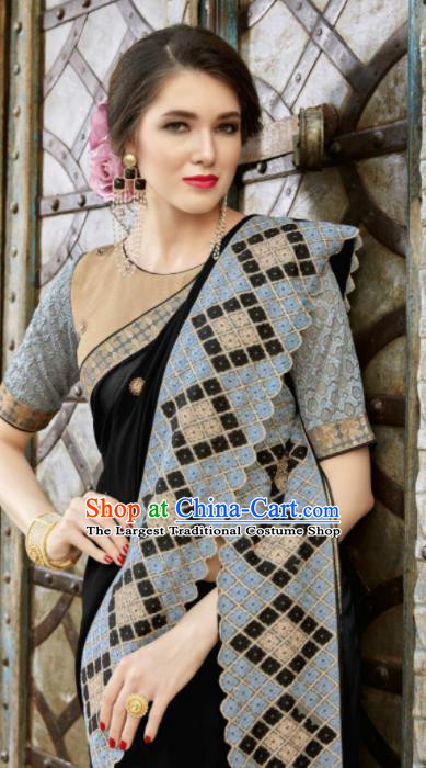 Asian India Traditional Costume Indian Bollywood Black Georgette Sari Dress for Women