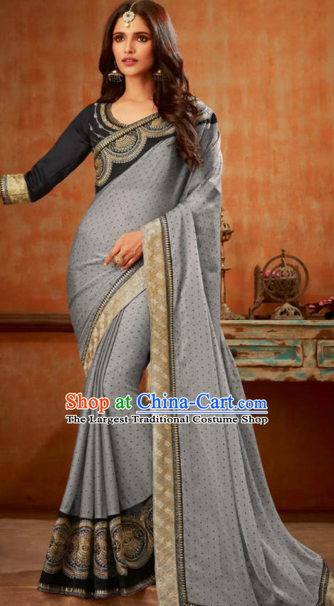 Asian India Traditional Costume Indian Bollywood Embroidered Grey Silk Sari Dress for Women