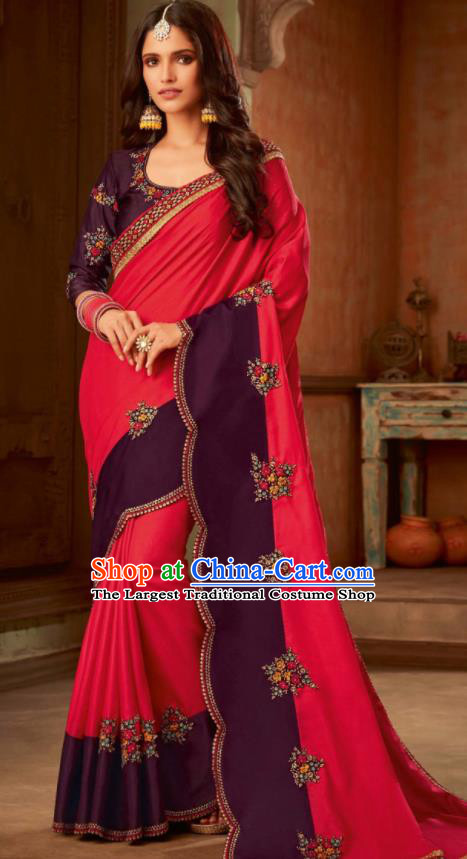 Asian India Traditional Costume Indian Bollywood Embroidered Rosy Silk Sari Dress for Women