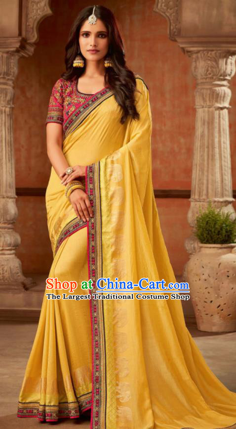 Asian India Traditional Costume Indian Bollywood Embroidered Yellow Silk Sari Dress for Women